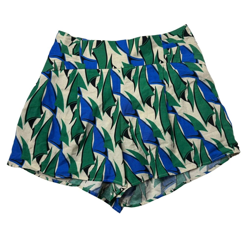 Zara Women XS High waisted linen Blend tan Green back Zip Casual Shorts New - Picture 2 of 6